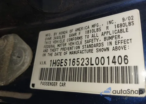 2003 Honda Civic Lx из США, поврежденный, VIN 1HGES16523L001406